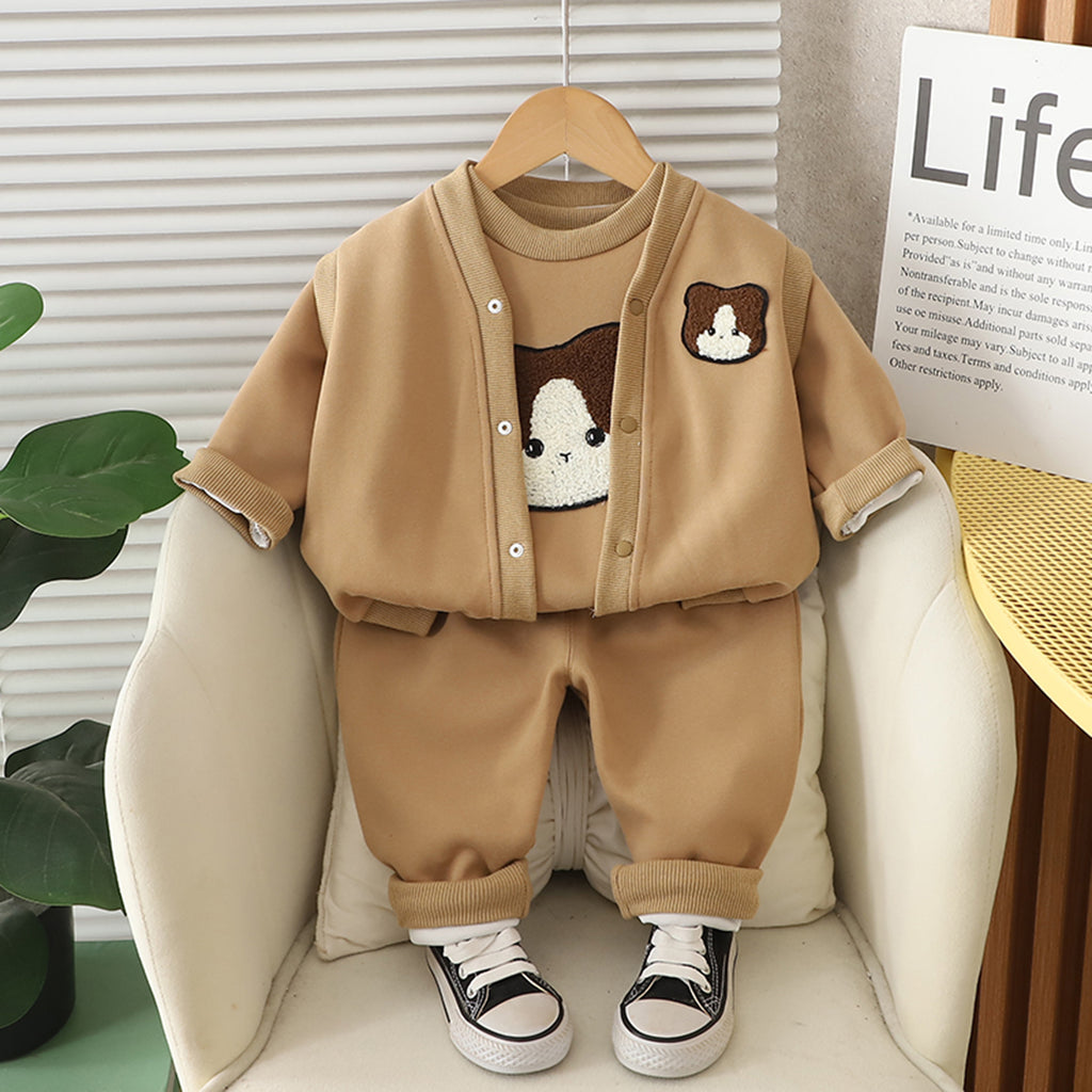Boys Khaki Cat Face Appliqued Sweatshirt With T-Shirt And Pants Set 3 pc. Sets Khaki 1-2 Y