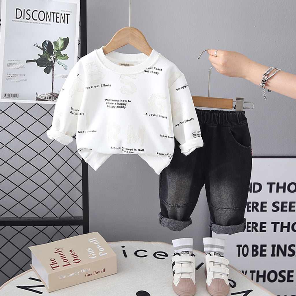 Boys White Typographic Printed Long Sleeves Sweatshirt With Denim Pants Set 2 pc. Sets White 1-2 Y