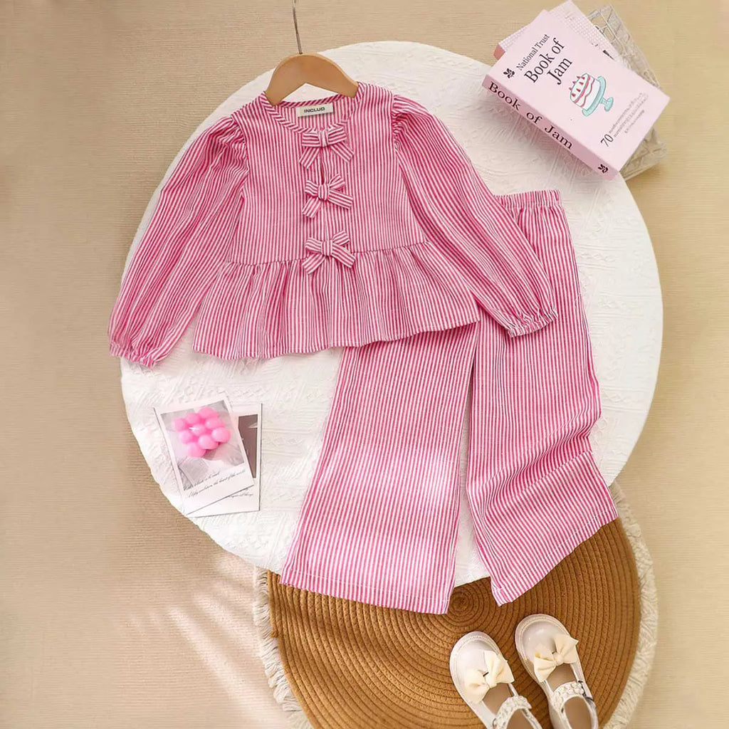 Girls Pink Stripes Peplum Top With Pant Co-ord Sets 2 pc. Sets Pink 3-4 Y