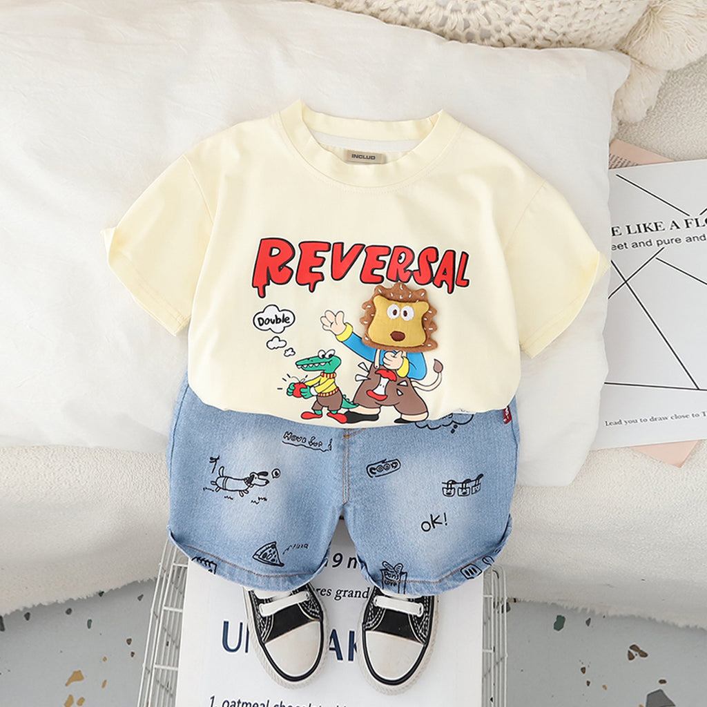 Boys Apricot Graphic Short Sleeves T-Shirt With Printed Denim Shorts Set 2 pc. Sets Apricot 1-2 Y