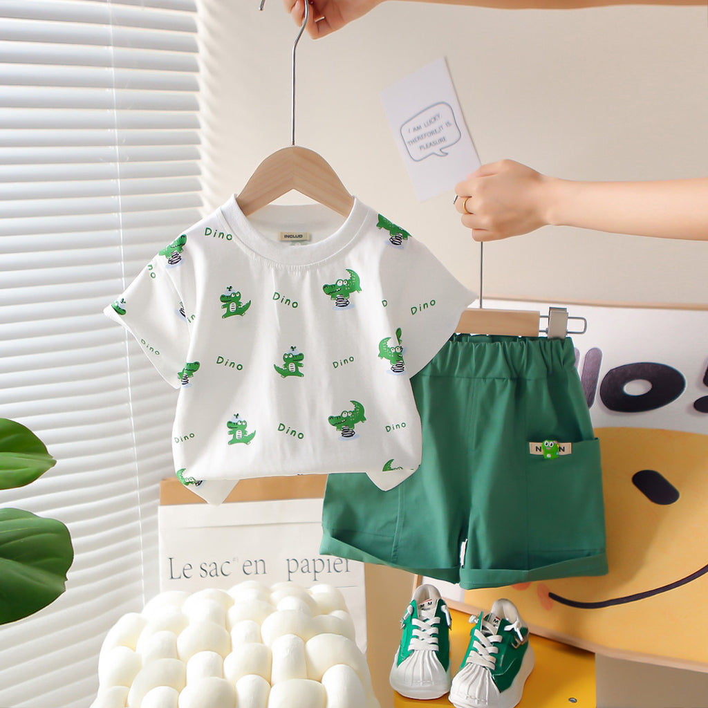 Boys Dino Printed Short Sleeves T-Shirt With Green Shorts Set 2 pc. Sets Green 1-2 Y
