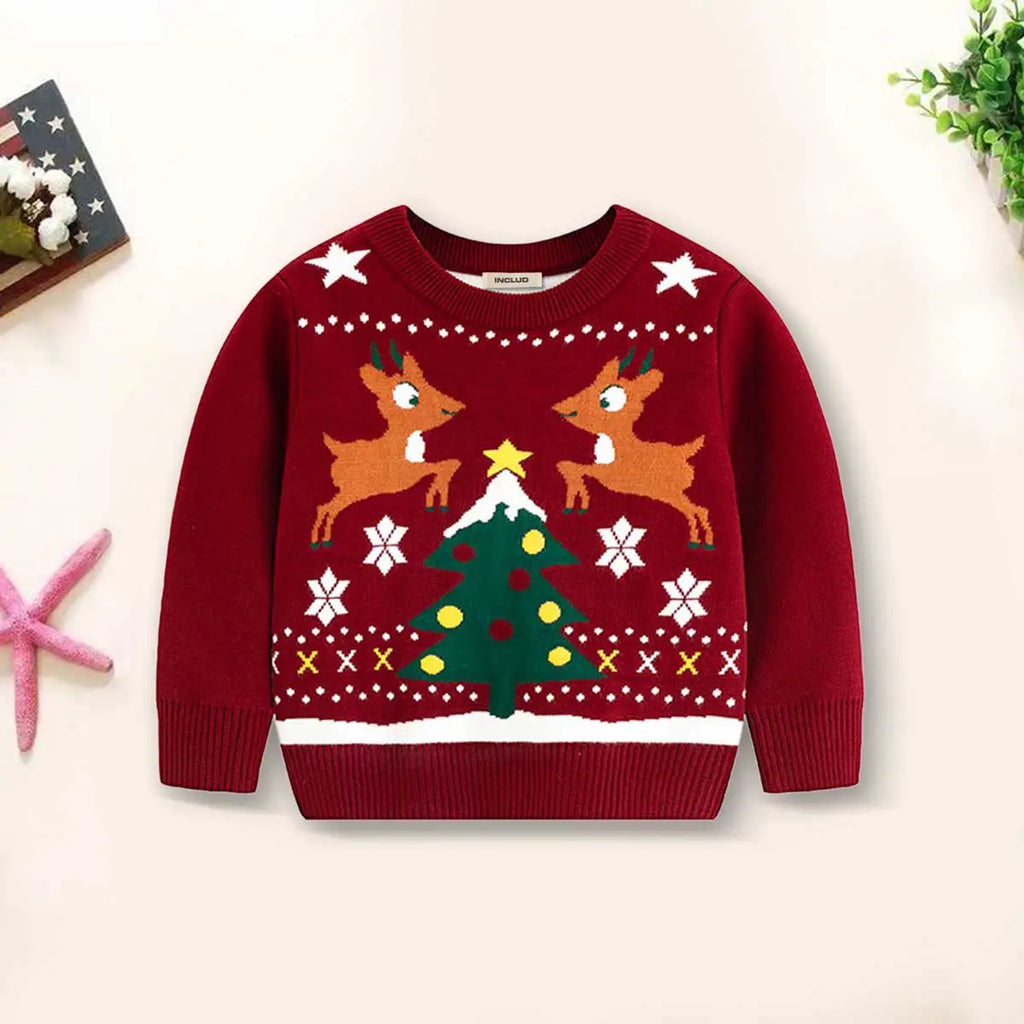 Girls Dark Red Sweater With Self-Design Christmas Themed Patterns Sweaters & Cardigans Red 2-3 Y