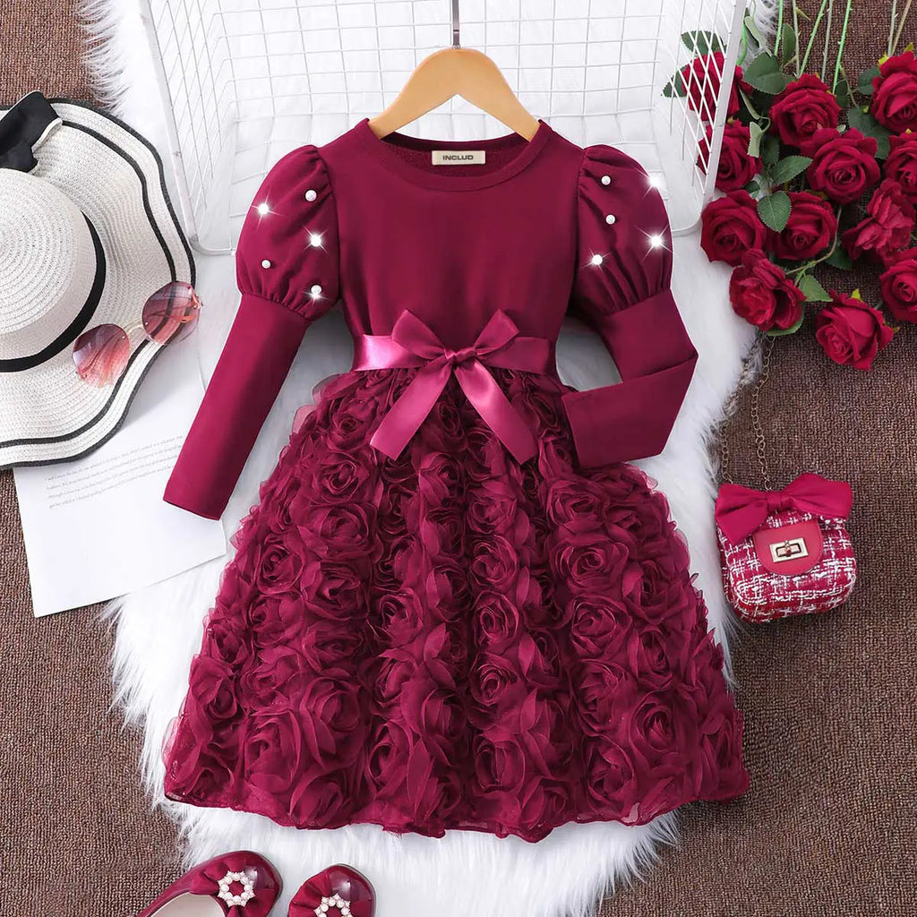 Girls Maroon Rose Applique Tulle Overlay Fit & Flare Dress Casual Dresses Maroon 3-4 Y
