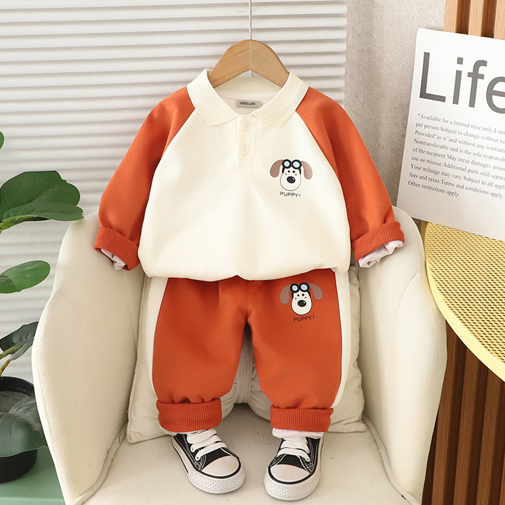 Boys Orange Puppy Cartoon Printed Winter Polo Sweatshirt With Pants Set 2 pc. Sets Orange 1-2 Y