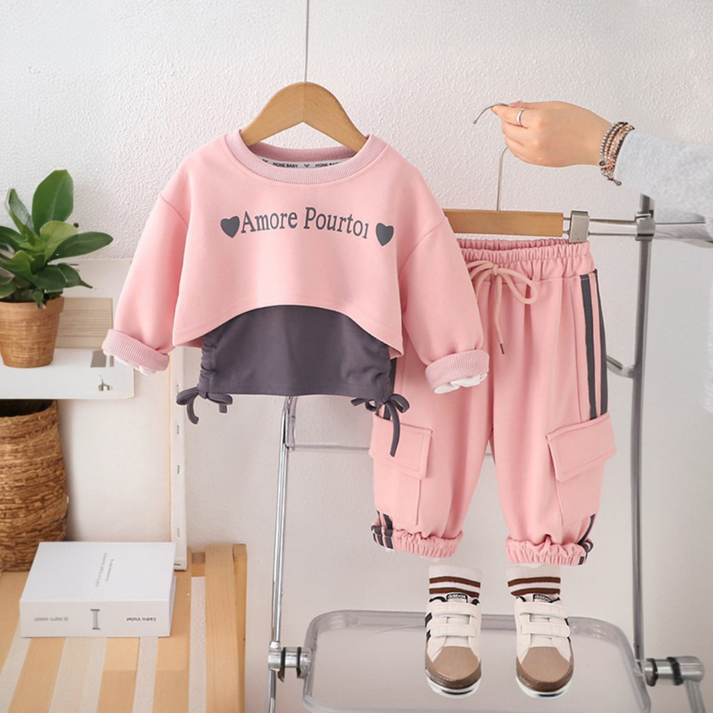 Girls Pink Typographic Sweatshirt With T-Shirt And Pants Sets 3 pc. Sets Pink 1-2 Y