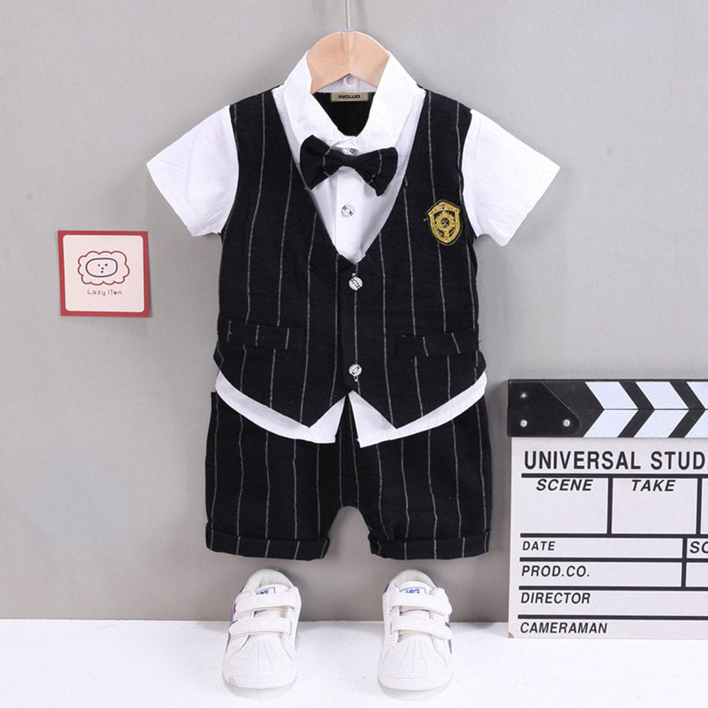 Boys Striped Waistcoat Shirt With Bow & Shorts Set Sets Black 1-2 Y 