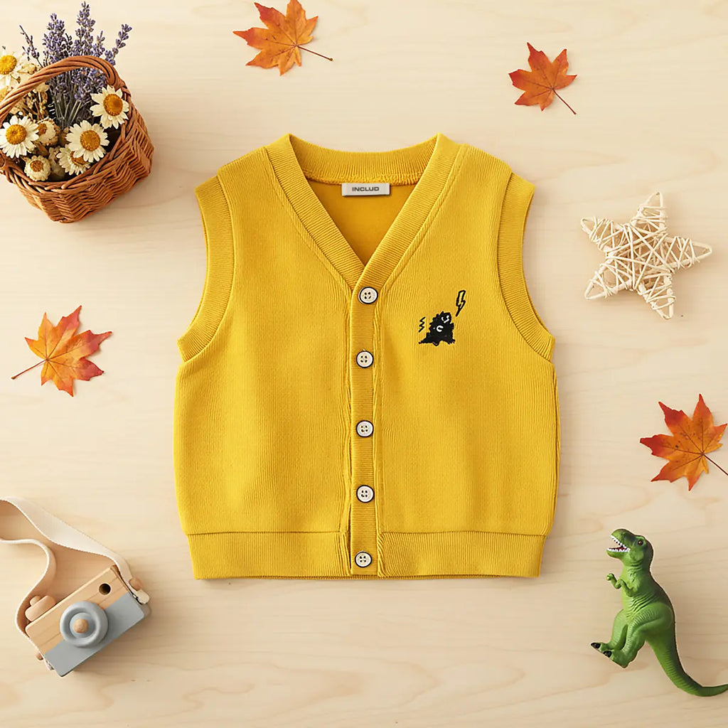 Boys Yellow Self-Design Sleeveless Knitted Cardigan Sweaters & Cardigans Yellow 1-2 Y
