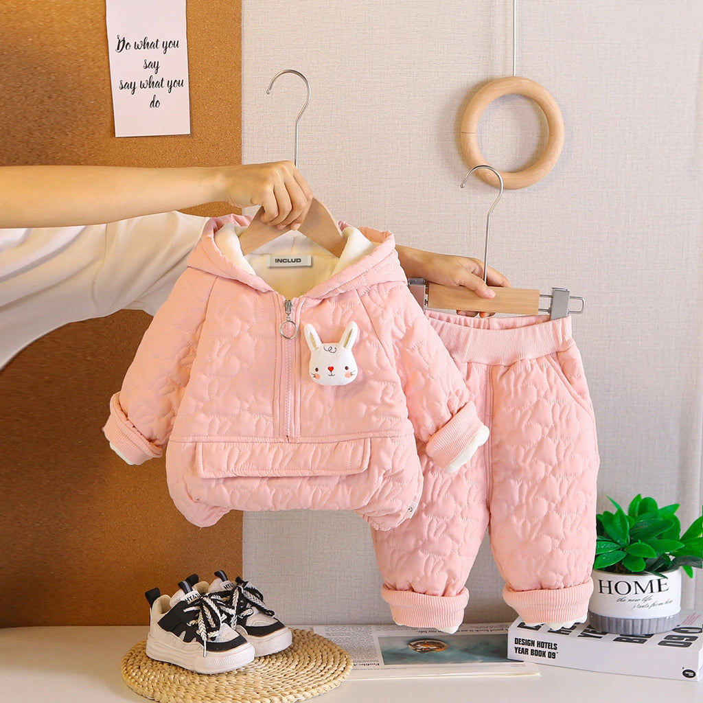 Girls Light Pink Rabbit Design Quilted Hoodie With Jogger Co-ord Sets Sets Light Pink 1-2 Y