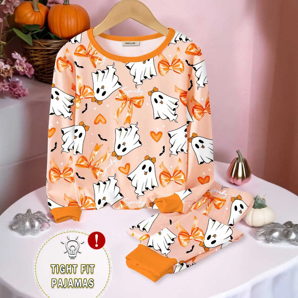 Girls Orange Halloween-Themed Printed T-Shirt With Jogger Co-ord Sets 2 pc. Sets Orange 7-8 Y
