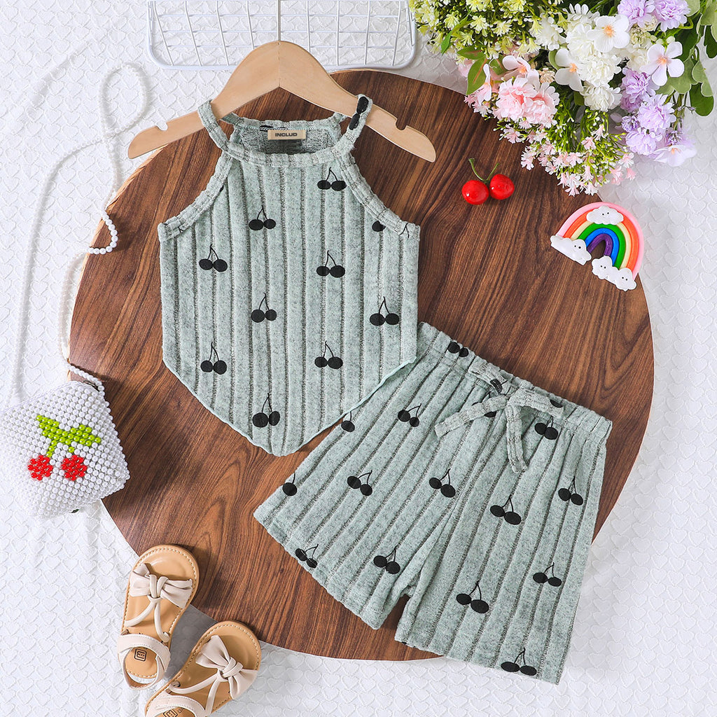Girls Sea Green Cherry Printed Crop Top With Shorts Set 2 pc. Sets Sea Green 3-4 Y