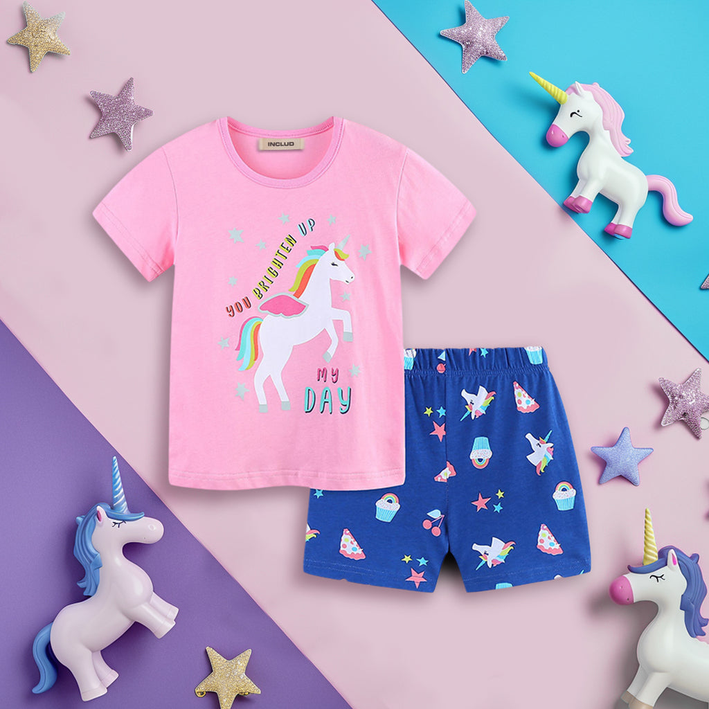 Girls Unicorn Print T-Shirt With Printed Shorts Set Sets Pink 1-2 Y 