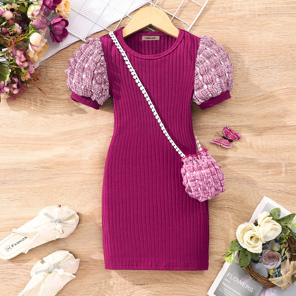 Girls Maroon Puff Sleeves Round Neck Bodycon Dress With Sling Bag Casual Dresses Maroon 2-3 Y