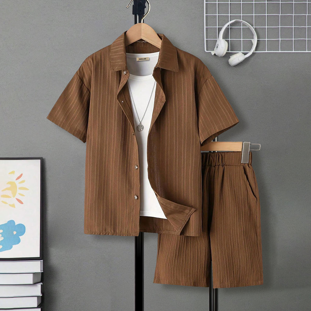 Boys Brown Textured Striped Short Sleeve Shirt With Shorts Set 2 pc. Sets Brown 7-8 Y