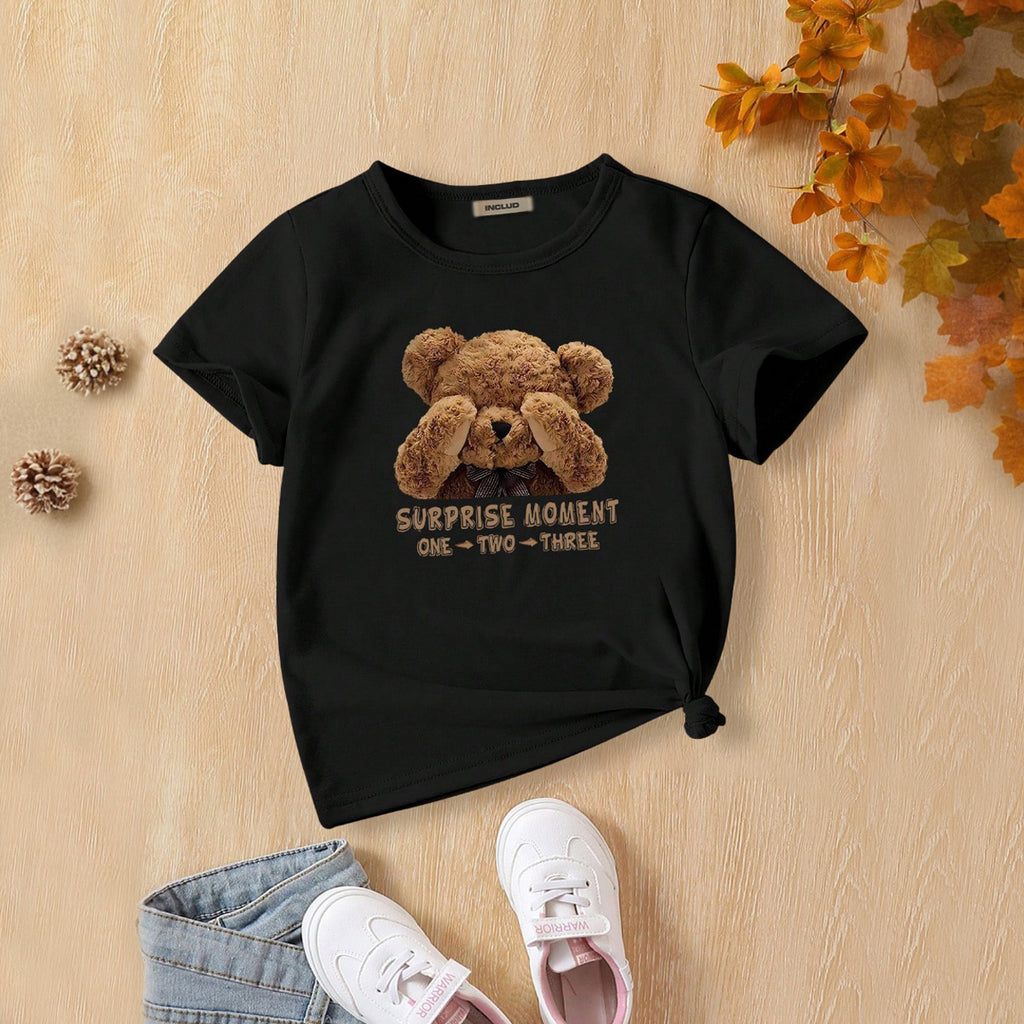 Girls Black Teddy Printed Short Sleeves T-shirt Tshirts Black 3-4 Y
