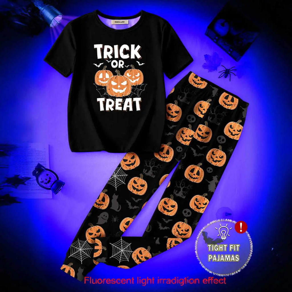 Boys Black Glow In The Dark Halloween Printed T-Shirt With Jogger Set 2 pc. Sets Black 7-8 Y
