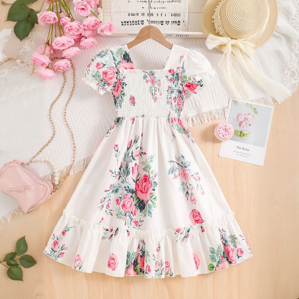 Girls Off White Rose Floral Printed Puff Sleeves Smocked Fit & Flare Dress Casual Dresses Off White 3-4 Y