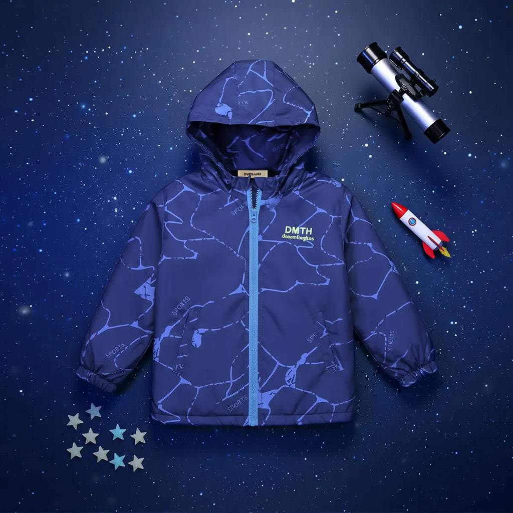 Boys Navy Blue Abstract Printed Hooded Zipper Jacket Coats & Jackets Navy Blue 3-4 Y