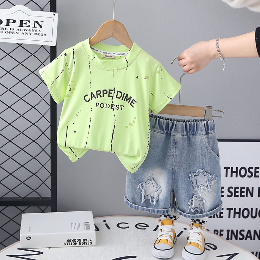 Boys Green Short Sleeve Printed T-Shirt With Star Applique Denim Short Set 2 pc. Sets Green 1-2 Y