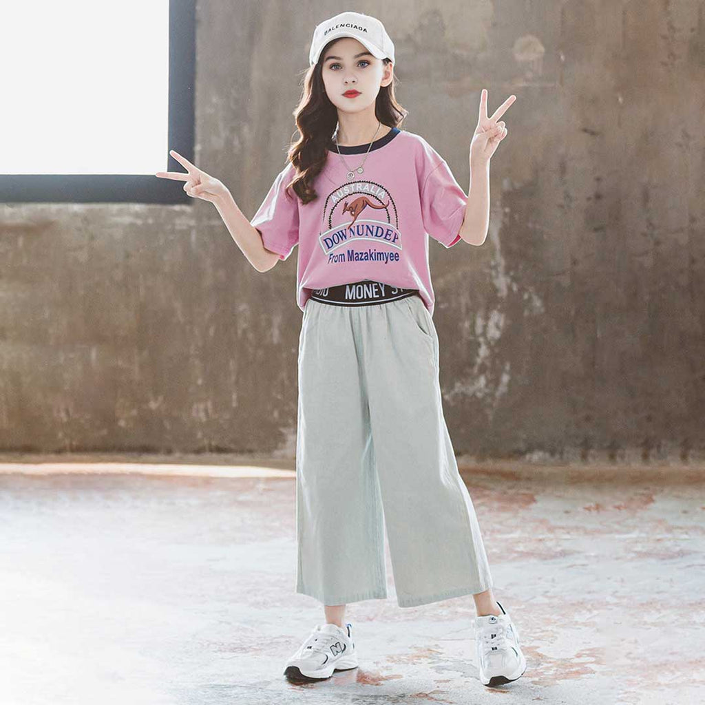 Girls Short Sleeve Graphic T-Shirt With Denim Trouser Set 2 pc. Sets Purple 3-4 Y 