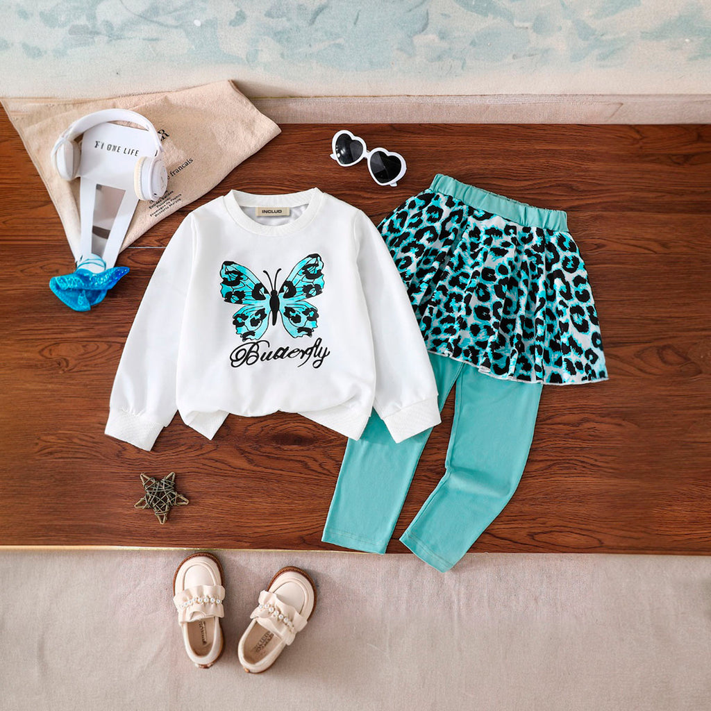 Girls White Butterfly Printed Sweatshirt With Skirt-legging Winter Set 2 pc. Sets White 2-3 Y