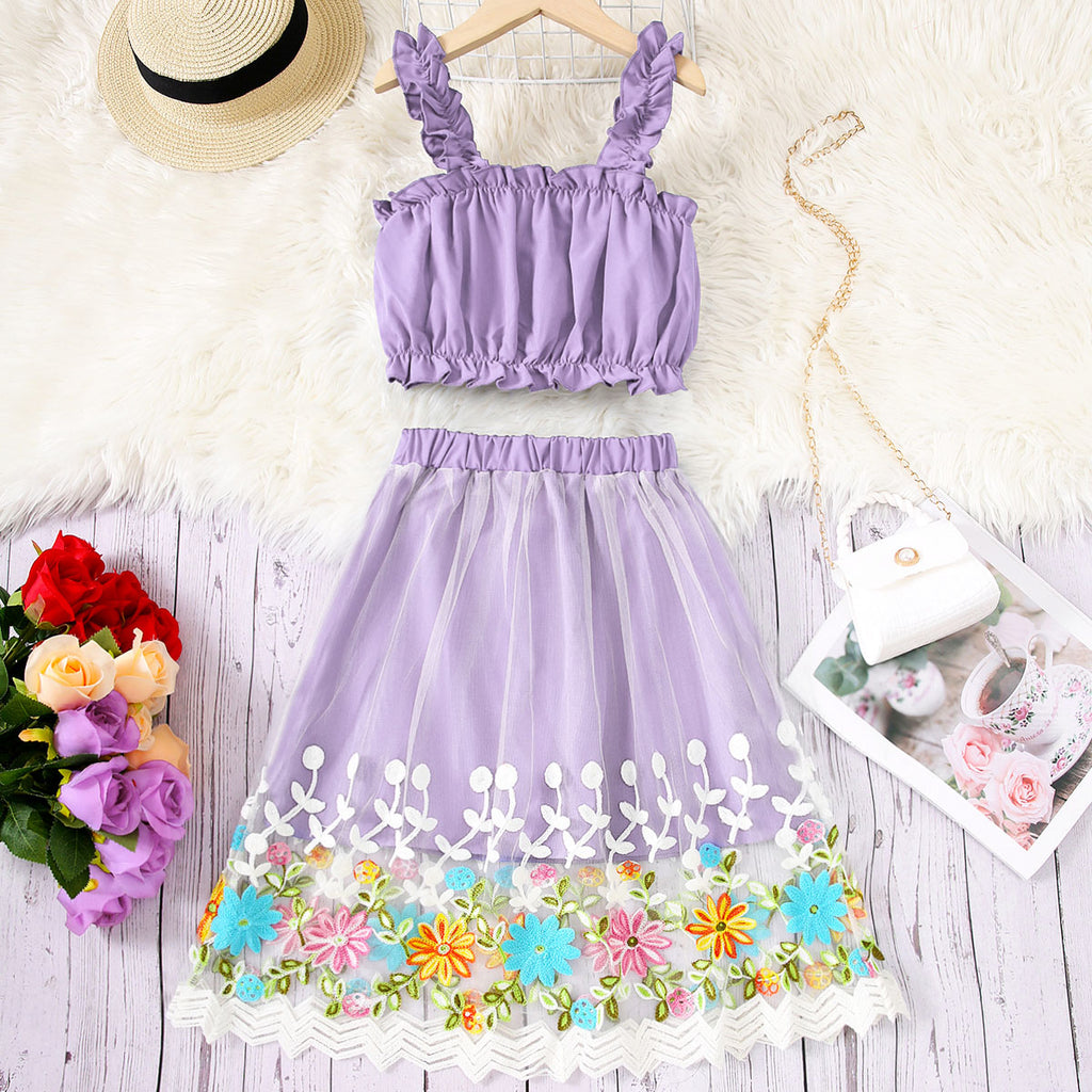 Girls Purple Sleeveless Crop Top With Embroidered Skirt Set 2 pc. Sets Purple 7-8 Y