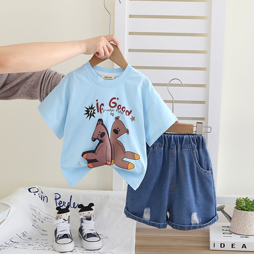 Boys Sky Blue Teddy Applique Short Sleeves T-Shirt With Denim Shorts Set 2 pc. Sets Sky Blue 1-2 Y