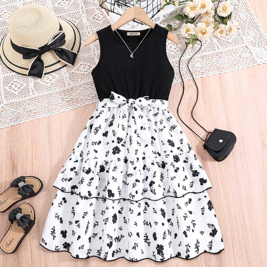 Girls Sleeveless Floral Print Fit & Flare Dress Casual Dresses Black 8-9 Y 