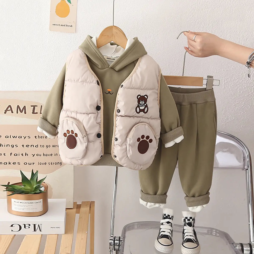 Boys Green Regular Sweatshirt With Sleeveless Jacket & Trouser Sets 3 pc. Sets Green 1-2 Y