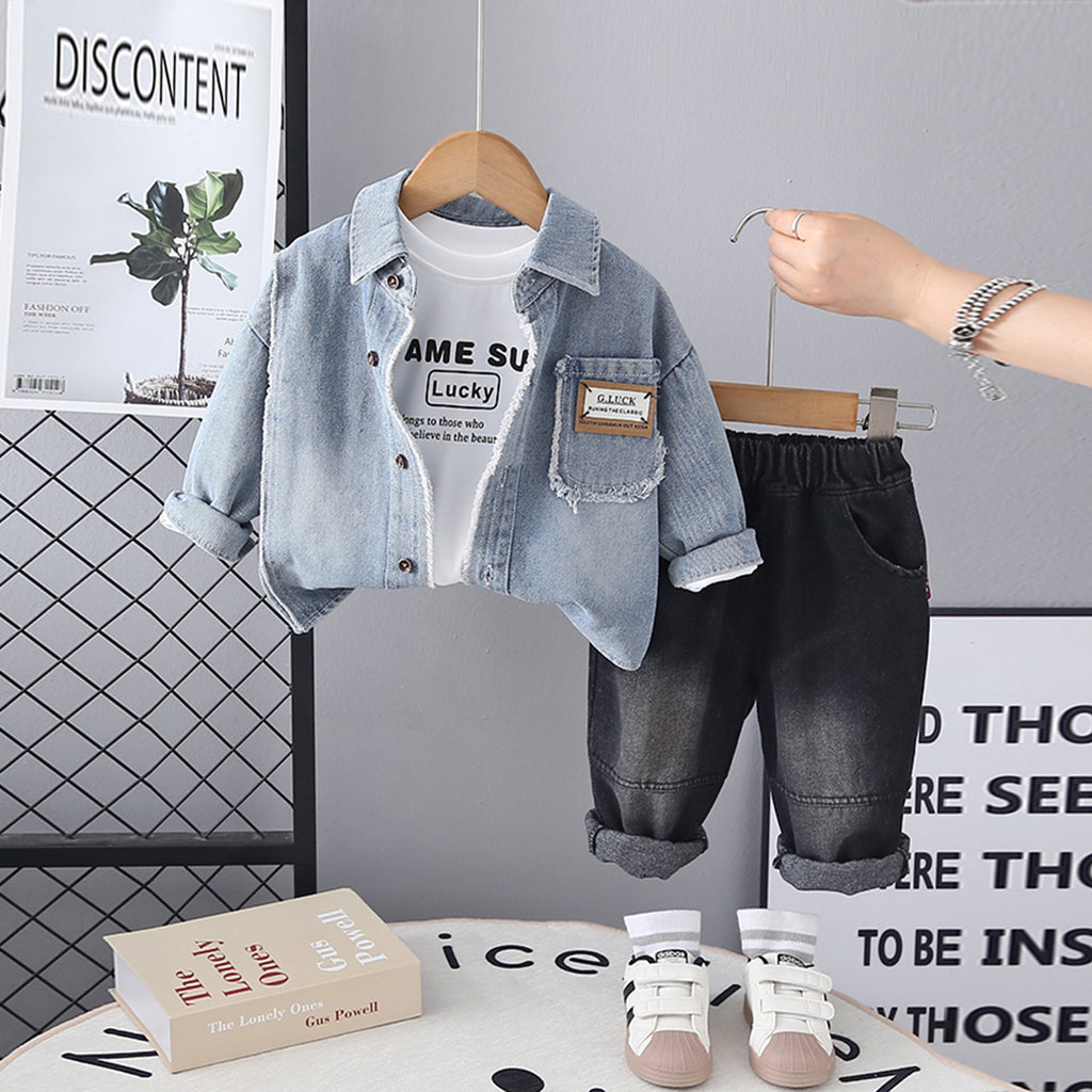 Boys Light Blue Solid Denim Shirt With T-Shirt & Denim Pants Set Sets Light Blue 1-2 Y