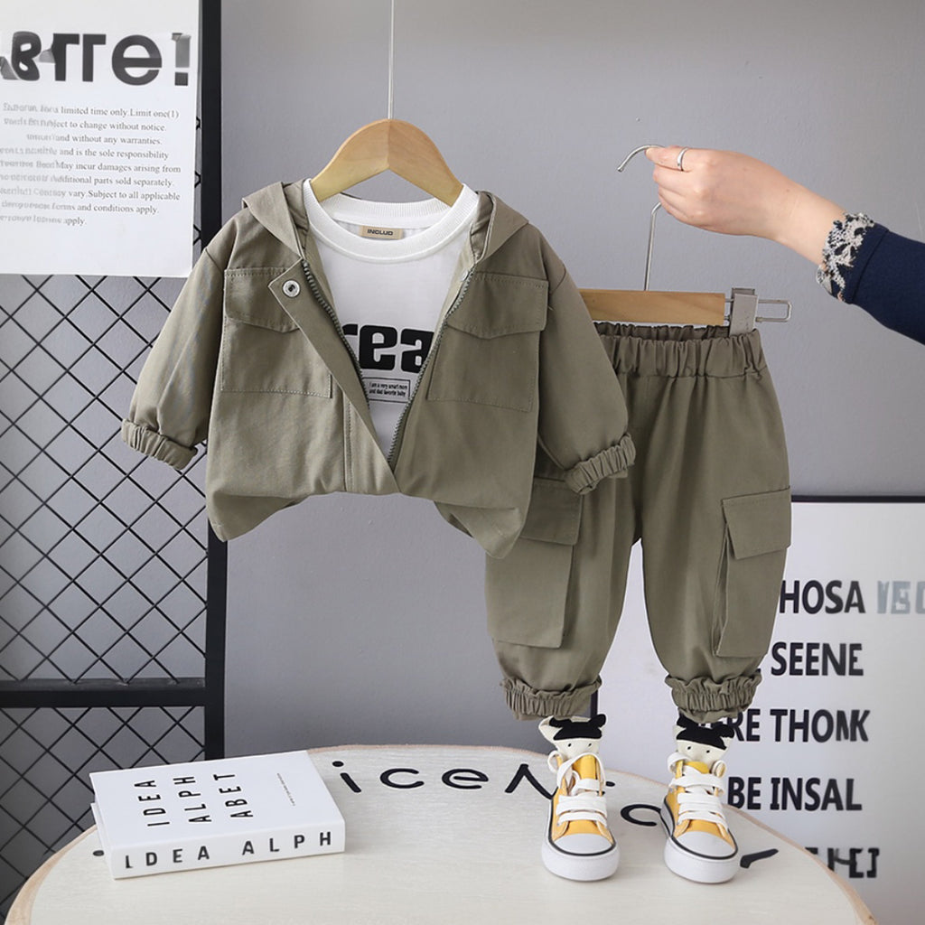 Boys Green Solid Hooded Jacket With T-Shirt and Jogger Set Sets Green 1-2 Y