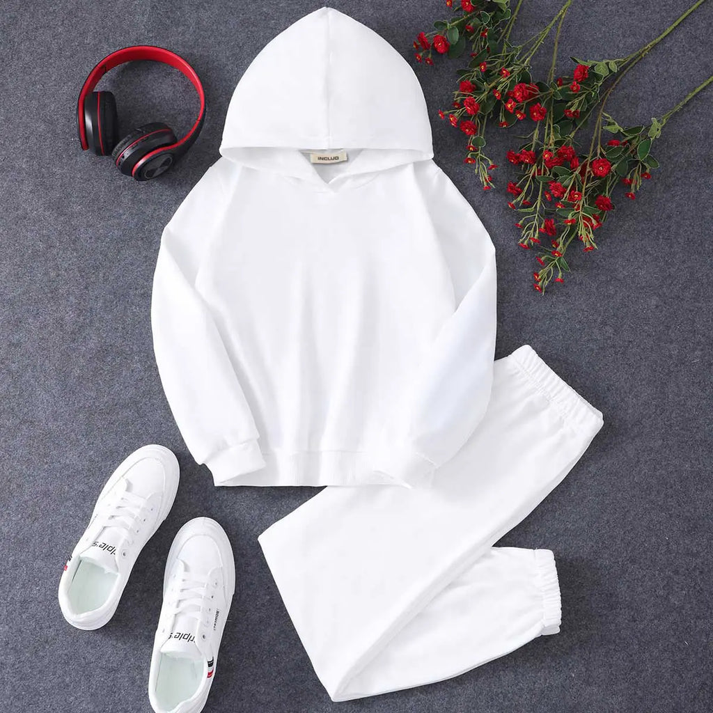 Girls White Typographic Printed Hooded Sweatshirt With Joggers Co-ord Sets 2 pc. Sets White 7-8 Y