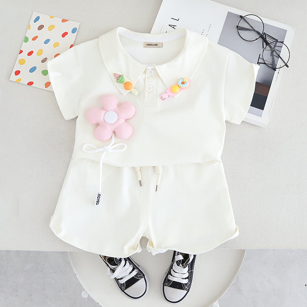 Girls White 3D Applique Polo T-shirt With Shorts And Hairclips Set 2 pc. Sets White 1-2 Y