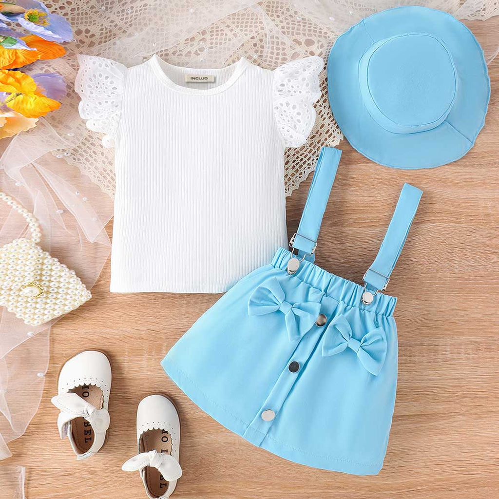 Girls Flared Sleeve Top With Suspender Skirt & Hat Set Sets Blue 1-2 Y 