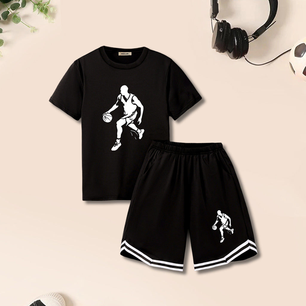 Boys Black Graphic Printed T-Shirt With Shorts Set 2 pc. Sets Black 7-8 Y