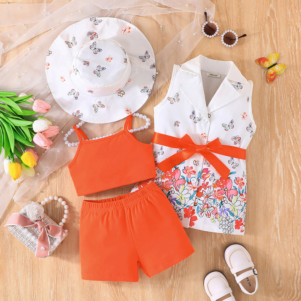 Girls Orange Butterfly Printed Waistcoat Top & Hat With Crop Top & Shorts Summer Set Sets Orange 2-3 Y