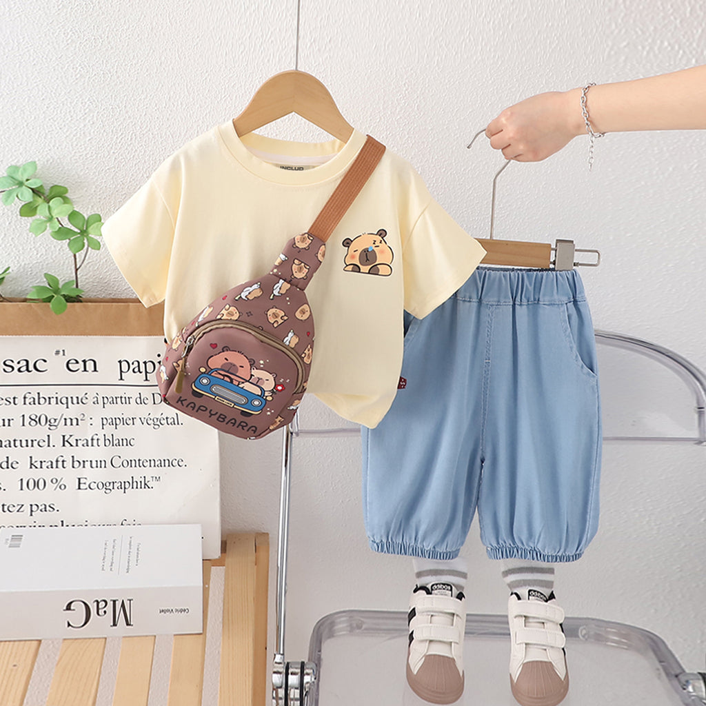 Boys Beige Short Sleeves T-Shirt With Denim Pants And Sling Bag Set 3 pc. Sets Beige 1-2 Y
