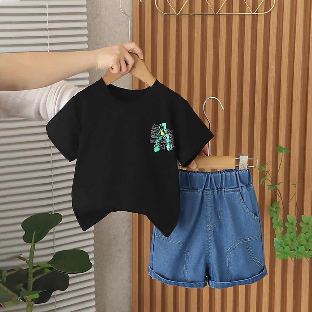 Boys Black Typographic Printed Short Sleeves T-Shirt With Denim Shorts Set 2 pc. Sets Black 1-2 Y