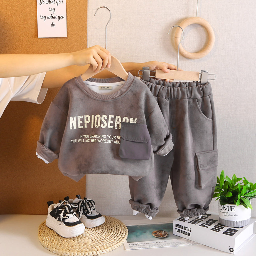 Boys Grey Typographic Printed Sweatshirt With Joggers Co-ord Set 2 pc. Sets Grey 1-2 Y
