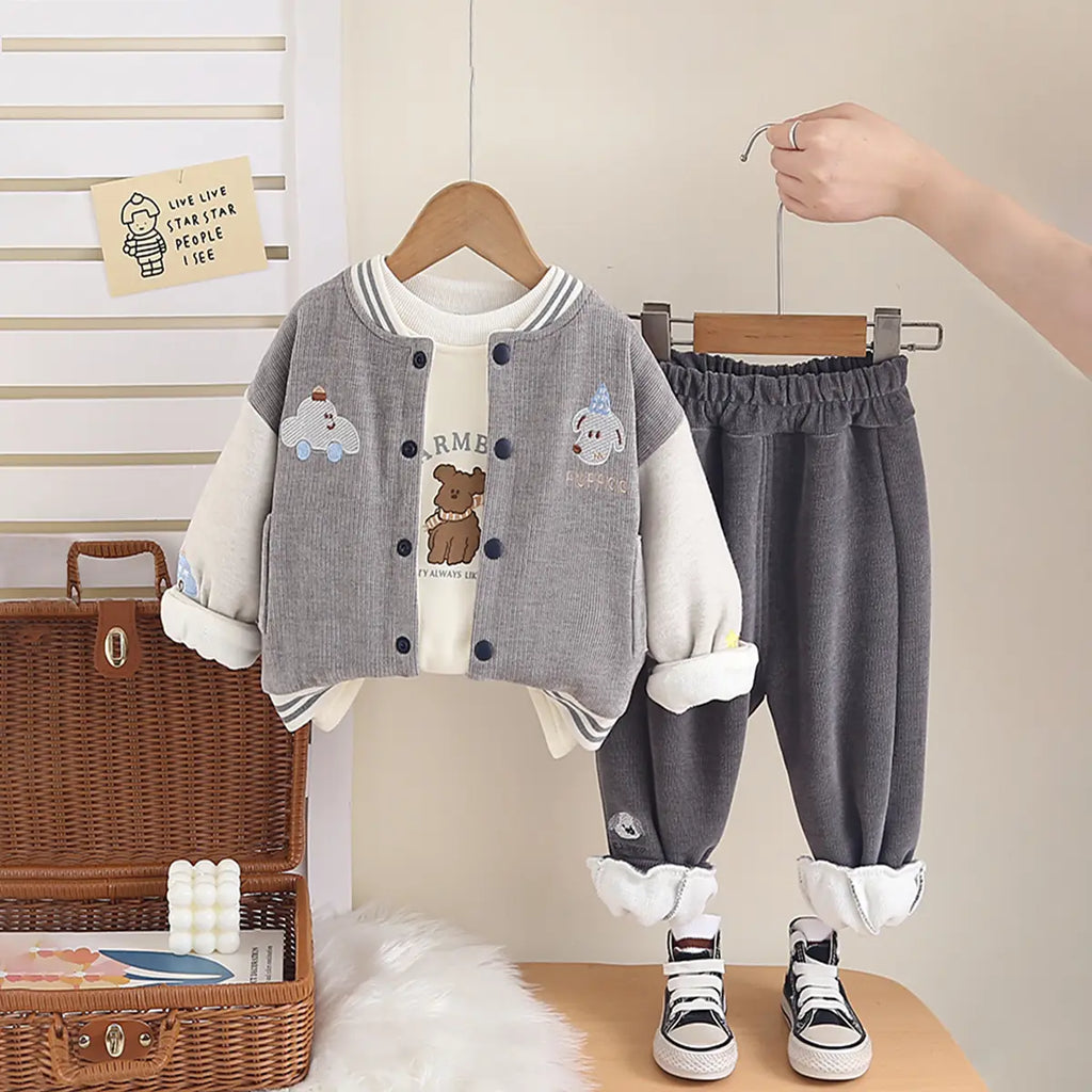Boys Grey Car Embroidered Varsity Jacket With T-Shirt & Jogger Sets Sets Grey 1-2 Y