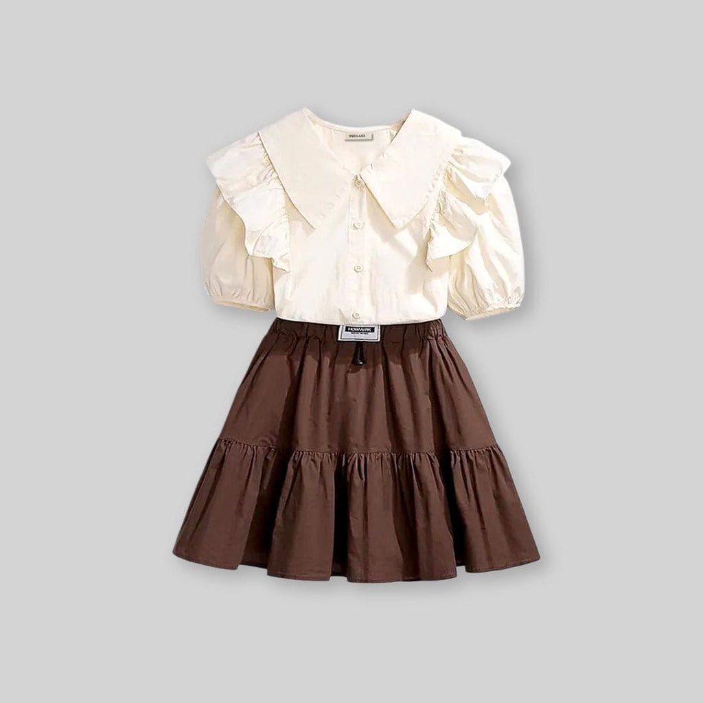Girls Ruffle Shirt With Flared Skirt Set Sets Brown 4-5 Y 