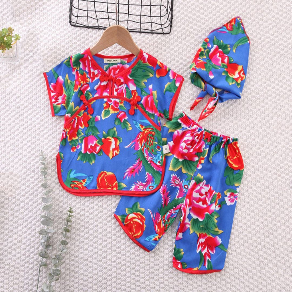 Girls Floral Print Top With Printed Pants Sets Blue 1-2 Y 