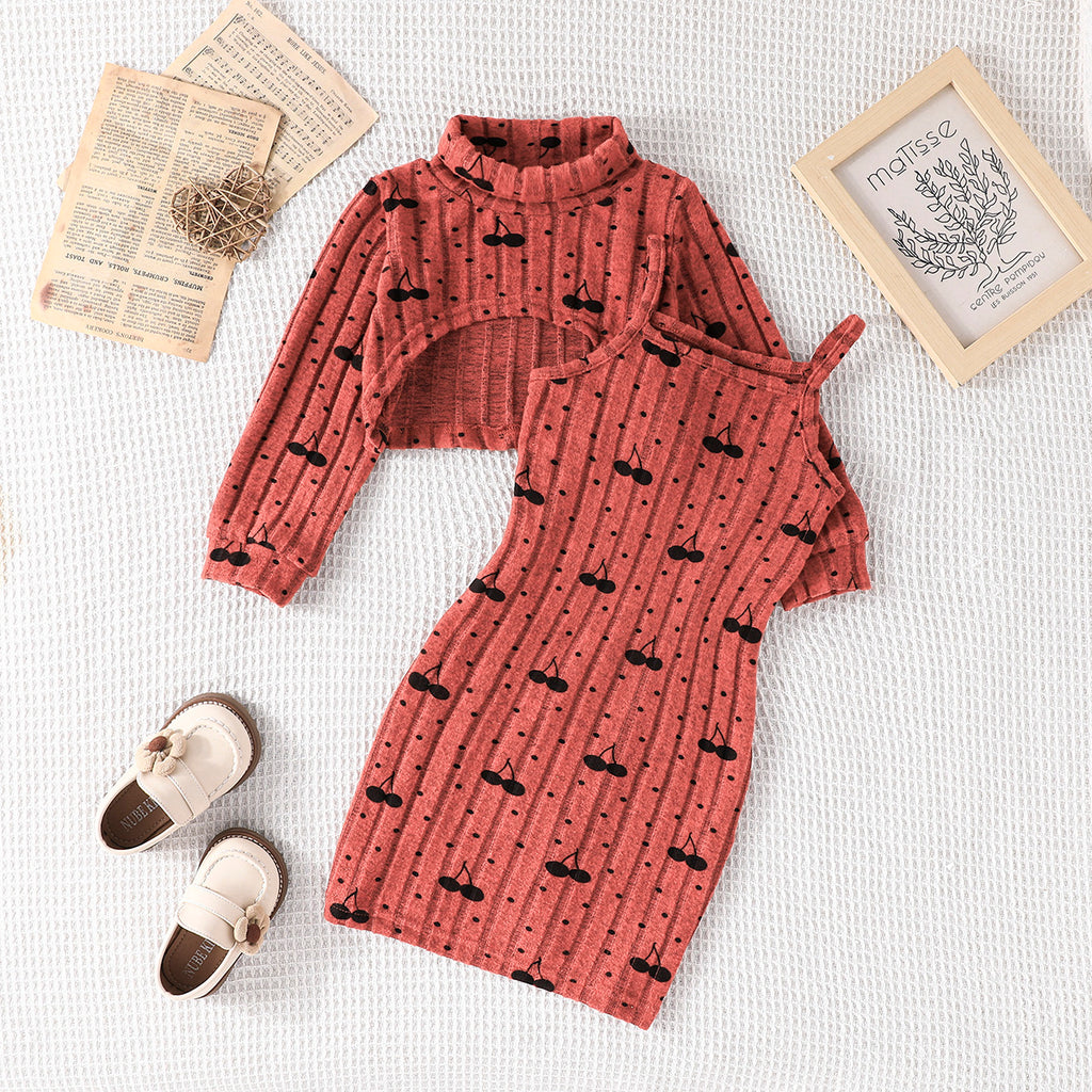 Girls Red Cherry Printed Bodycon Dress With Long Sleeves Crop Pullover Casual Dresses Red 3-4 Y