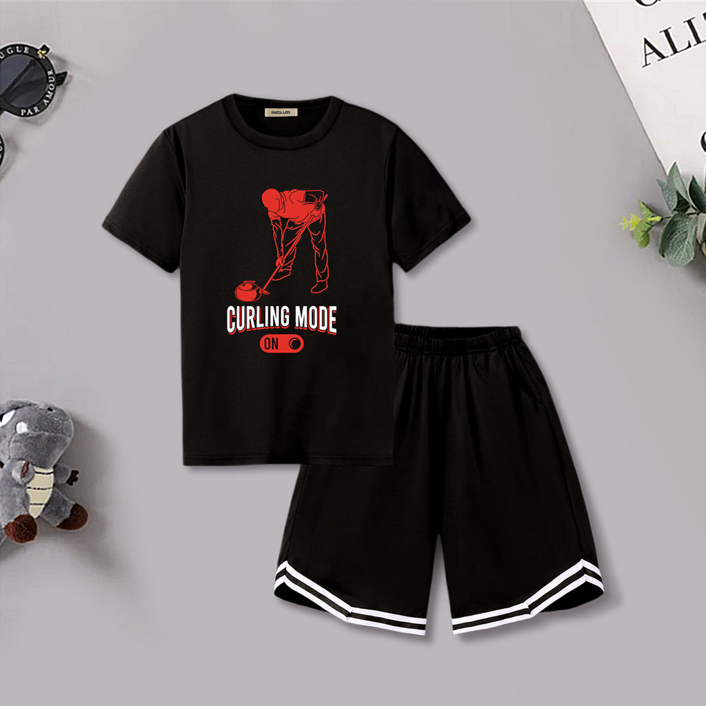 Boys Black Printed Short Sleeves T-Shirt With shorts Set 2 pc. Sets Black 7-8 Y