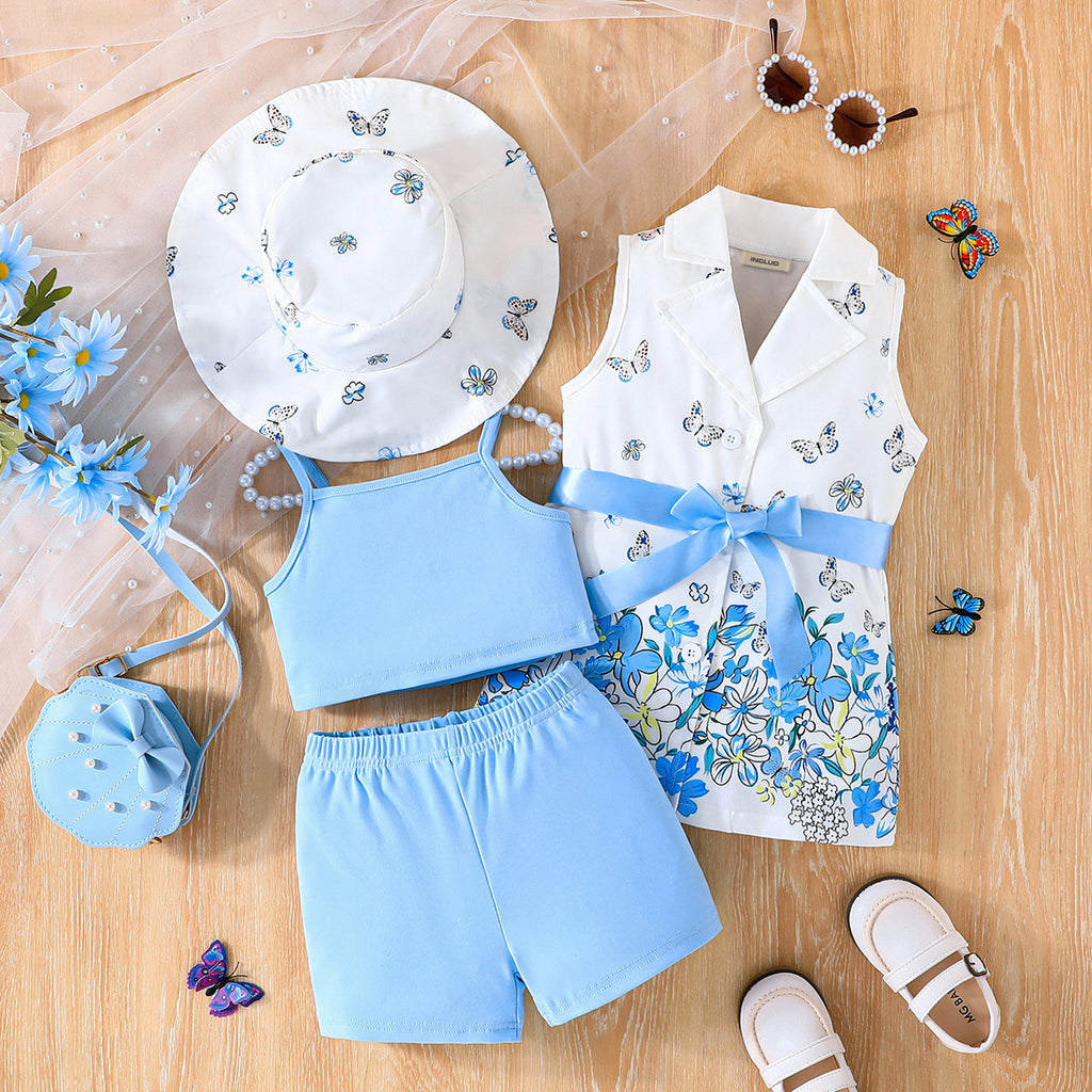 Girls Sky Blue Butterfly Printed Waistcoat Top & Hat With Crop Top & Shorts Summer Set Sets Sky Blue 2-3 Y