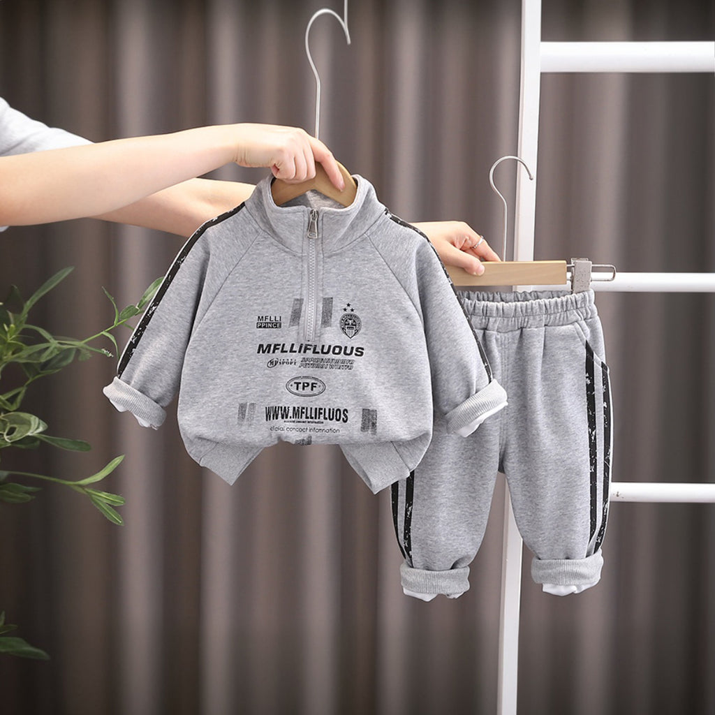 Boys Grey Typographic Printed Sweatshirt With Joggers Set 2 pc. Sets Grey 1-2 Y