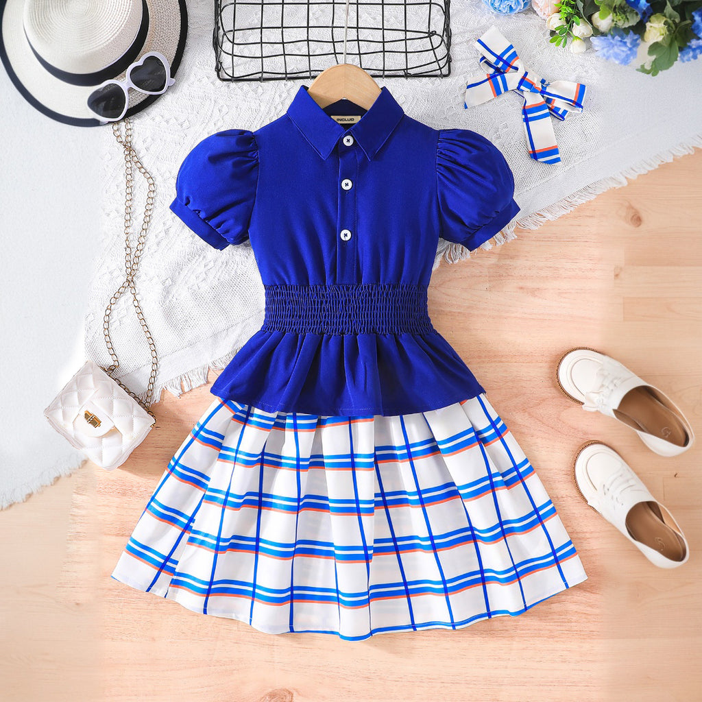 Girls Blue Smocked Puff Sleeves Top With Skirts Set 2 pc. Sets Blue 3-4 Y