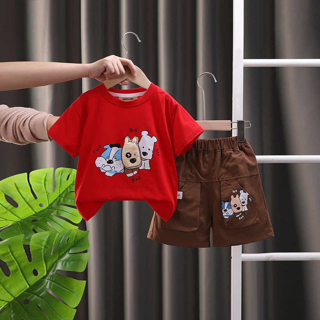 Boys Red Cartoon Printed Short Sleeves T-shirt With Shorts Set 2 pc. Sets Red 1-2 Y