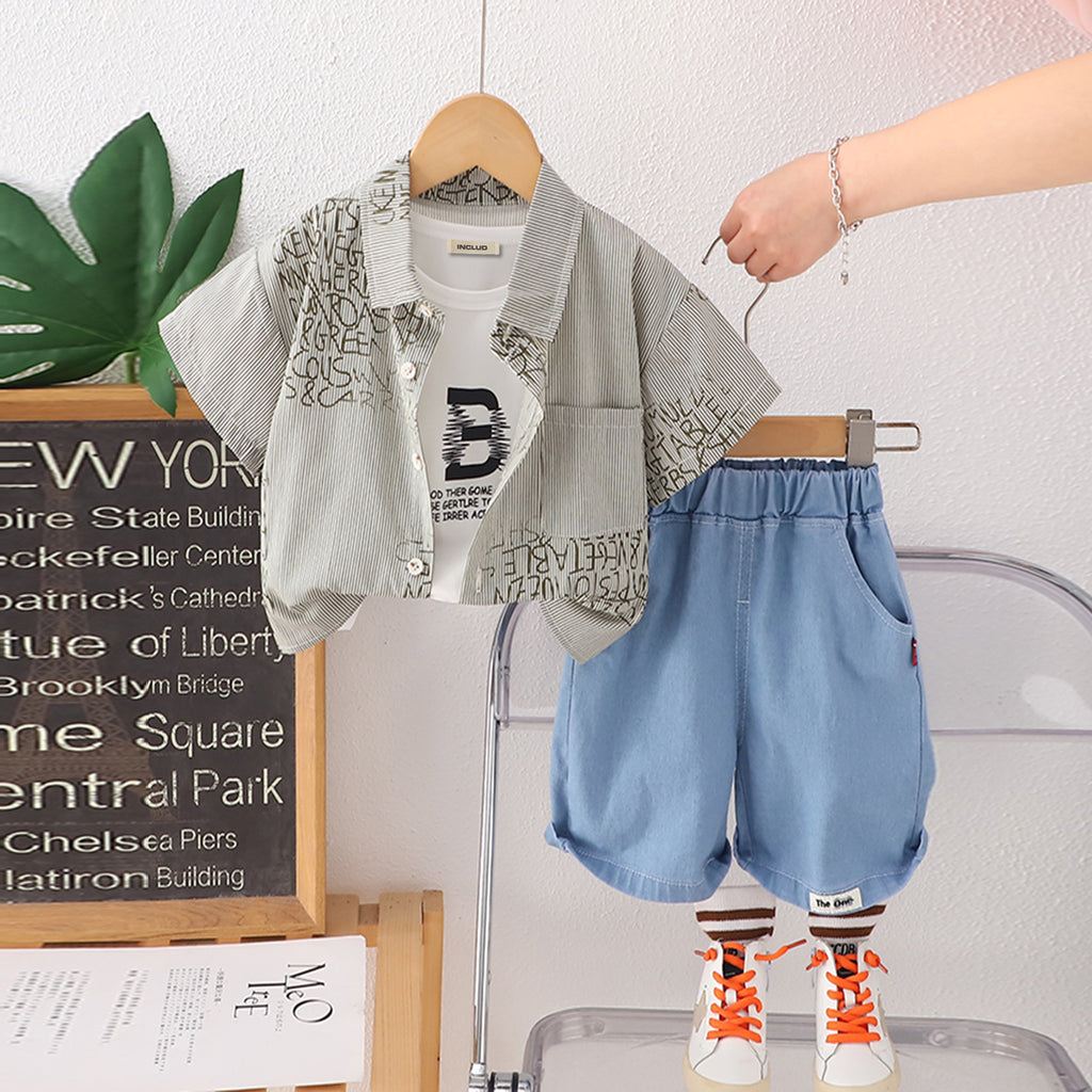 Boys Light Grey Printed Shirt With T-Shirt And Denim Shorts Set 3 pc. Sets Light Grey 1-2 Y
