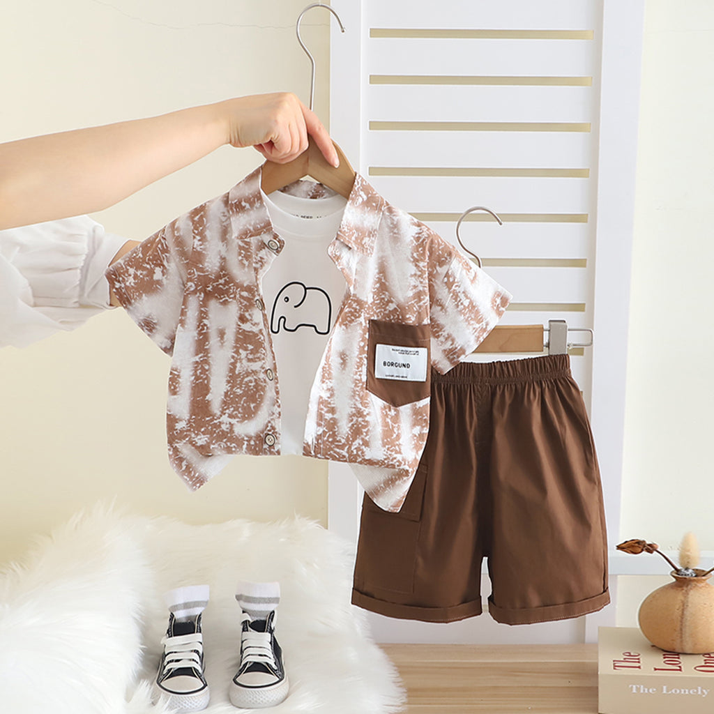 Boys Brown Typographic Printed Shirt With T-Shirt And Shorts Set Sets Brown 1-2 Y