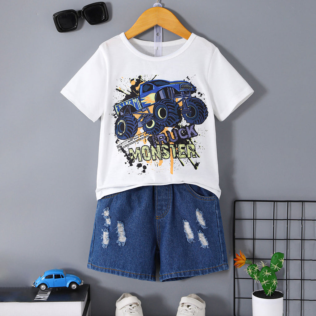 Boys White Monster Print Short Sleeve T-Shirt With Denim Shorts Set 2 pc. Sets